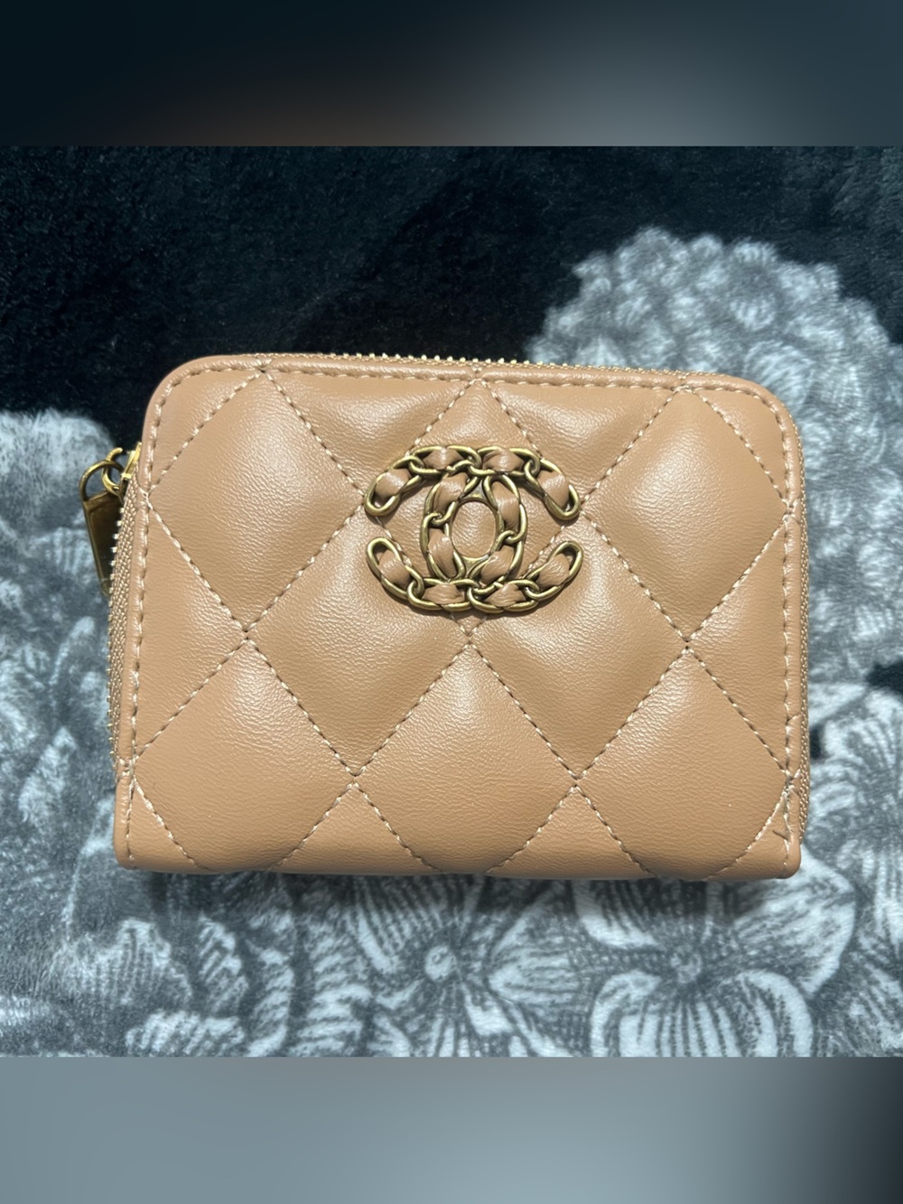 NIB Quilted Tan Wallet with Gold Chain Emblem